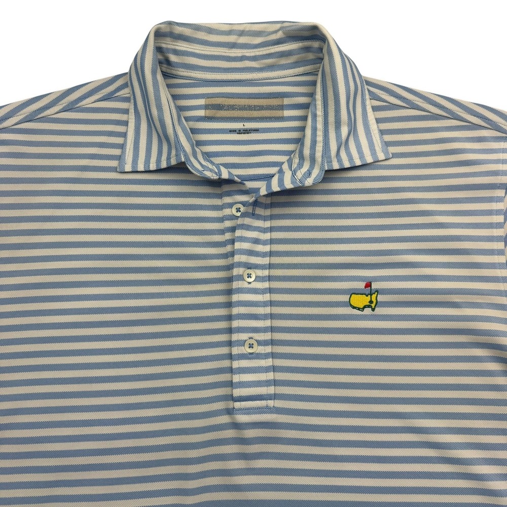 The Masters Polo Shirt Mens L Blue Striped Short Sleeve Performance Golf STAIN